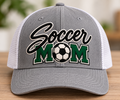 Soccer Mom hat mockup in heather gray and white with green, black and white design