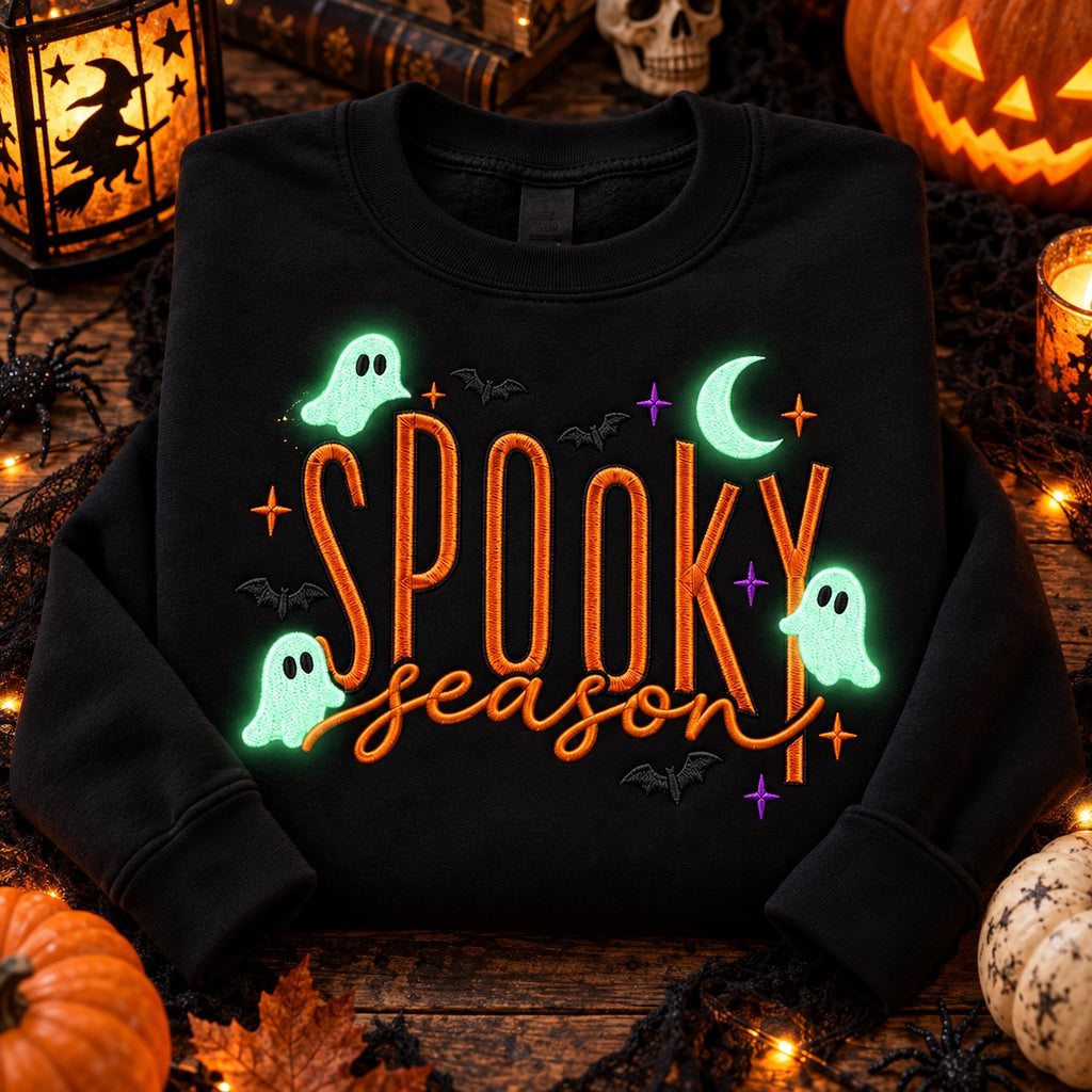 Spooky Season black crewneck flat lay mockup