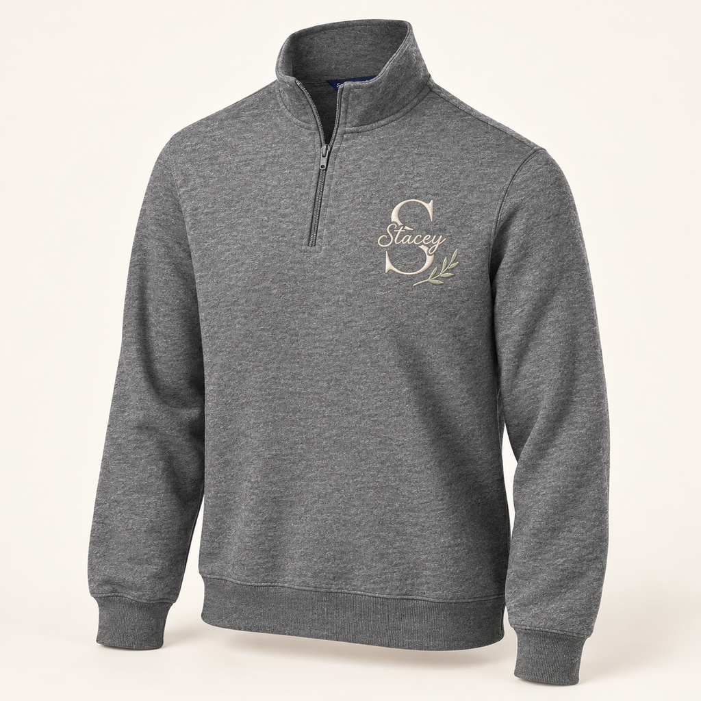 Sport-Tek ST253 in Vintage Heather — illustrative embroidered S and Stacey monogram with botanical accent