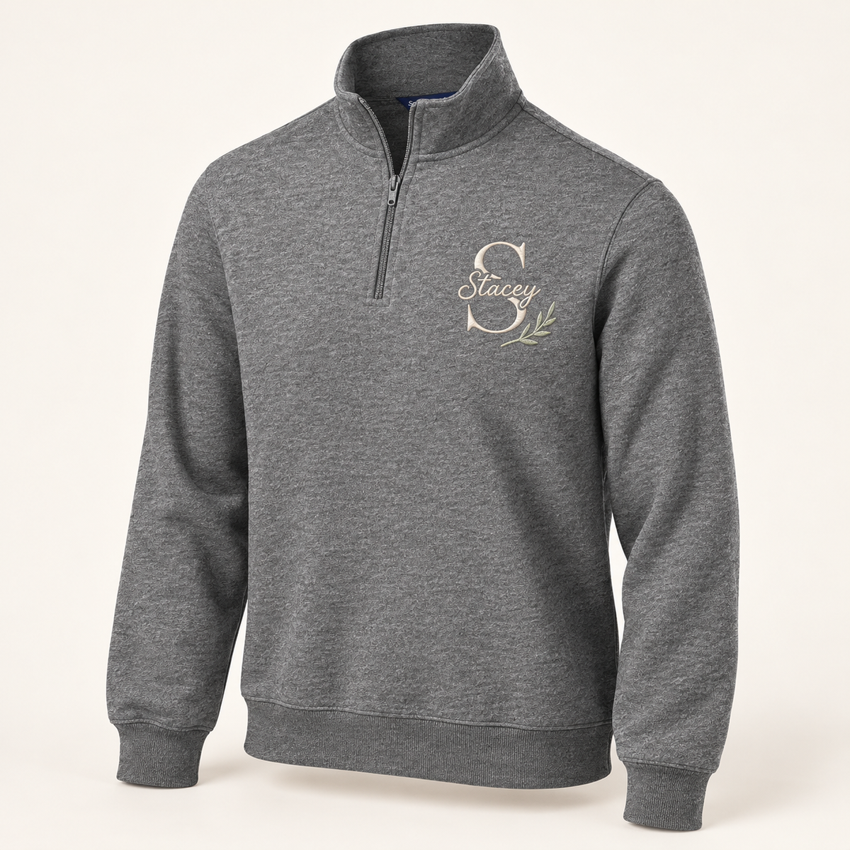 Sport-Tek ST253 in Vintage Heather — illustrative embroidered S and Stacey monogram with botanical accent