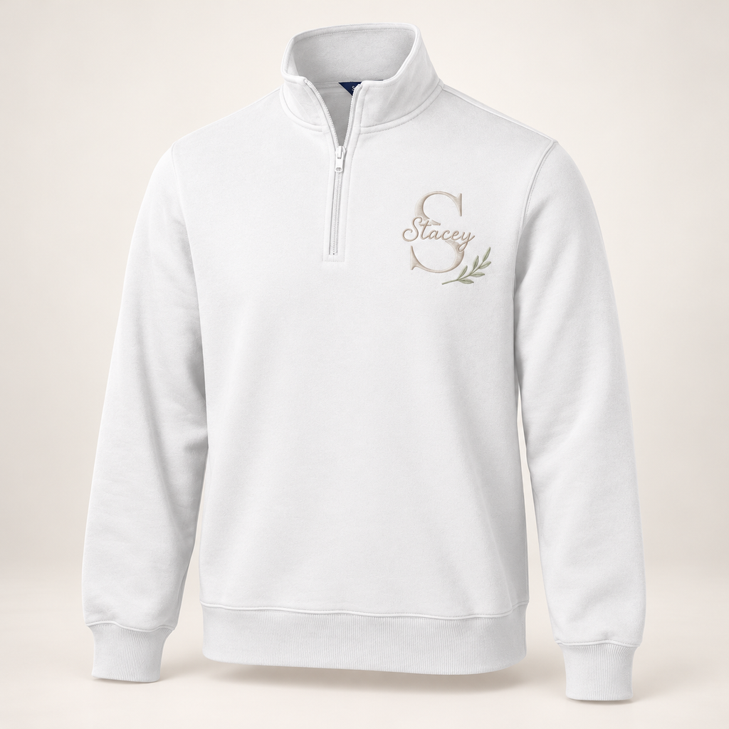 Sport-Tek ST253 in White — illustrative embroidered S and Stacey monogram with botanical accent