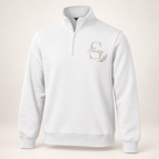 Sport-Tek ST253 in White — illustrative embroidered S and Stacey monogram with botanical accent
