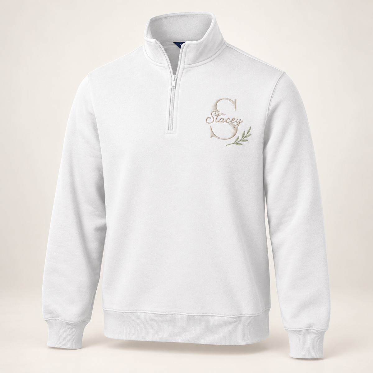 Sport-Tek ST253 in White — illustrative embroidered S and Stacey monogram with botanical accent