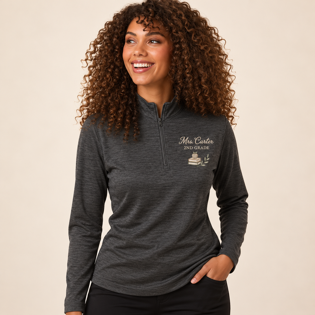 black Melange AllPro 4HM70L women's teacher quarter zip — model mockup with personalized left-chest embroidery