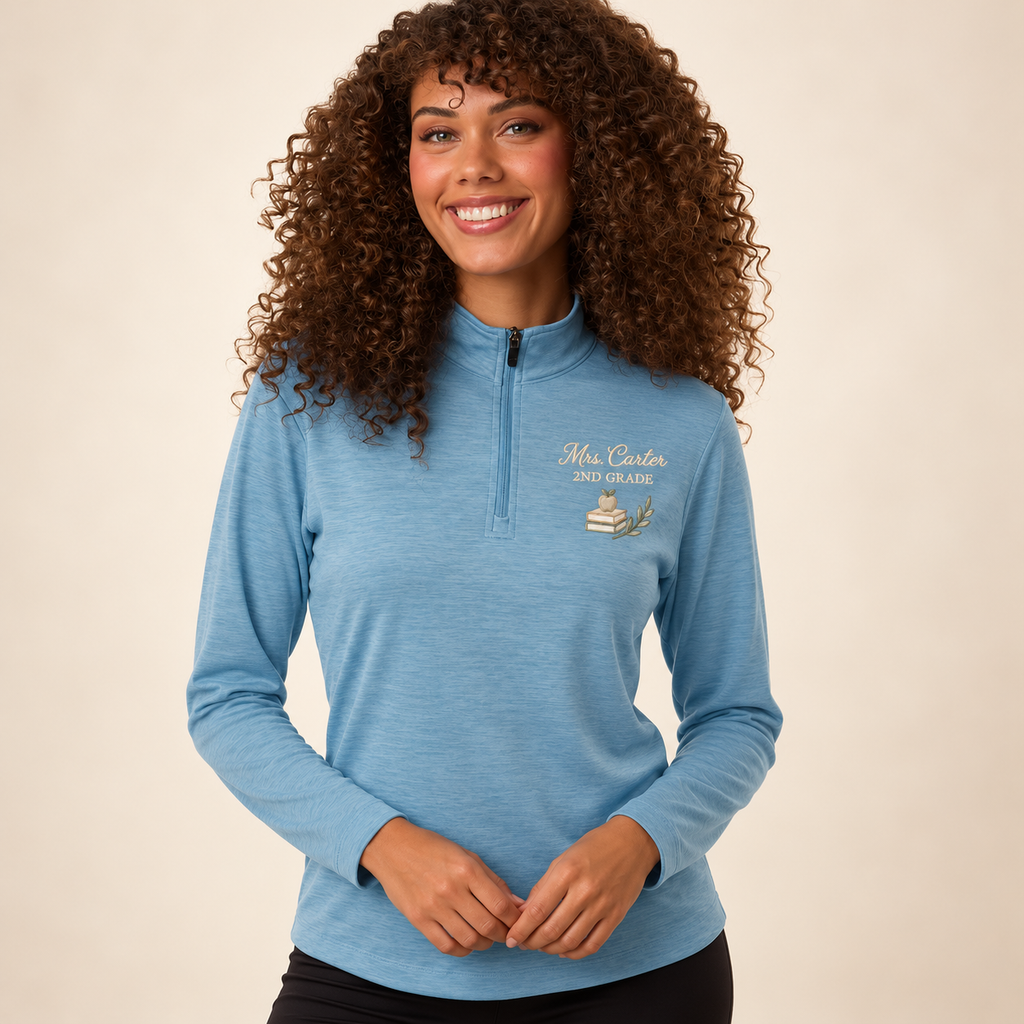 cloud blue Melange AllPro 4HM70L women's teacher quarter zip — model mockup with personalized left-chest embroidery
