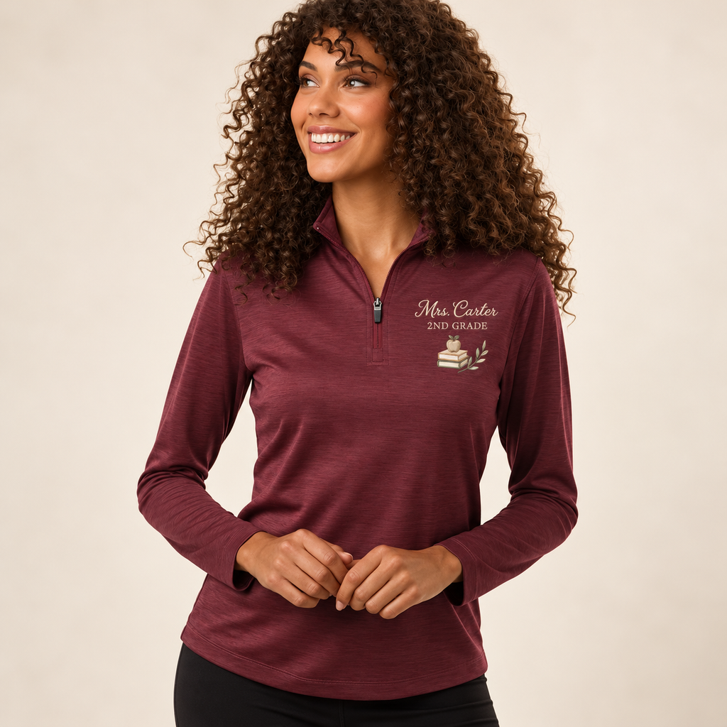 maroon Melange AllPro 4HM70L women's teacher quarter zip — model mockup with personalized left-chest embroidery
