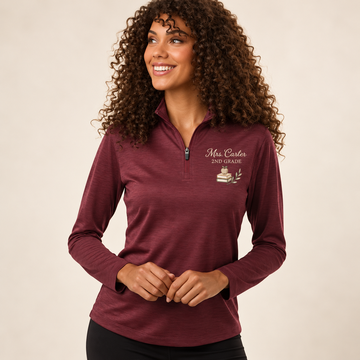 maroon Melange AllPro 4HM70L women's teacher quarter zip — model mockup with personalized left-chest embroidery
