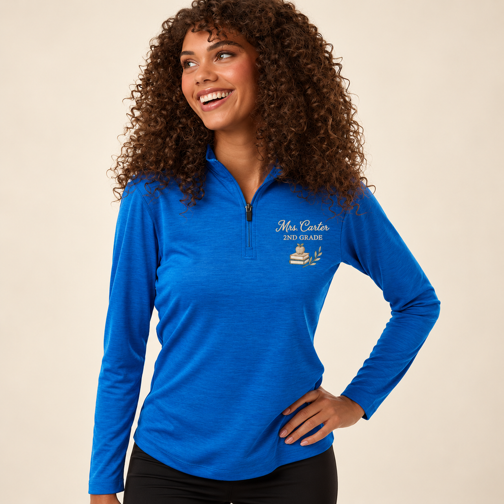 royal Melange AllPro 4HM70L women's teacher quarter zip — model mockup with personalized left-chest embroidery