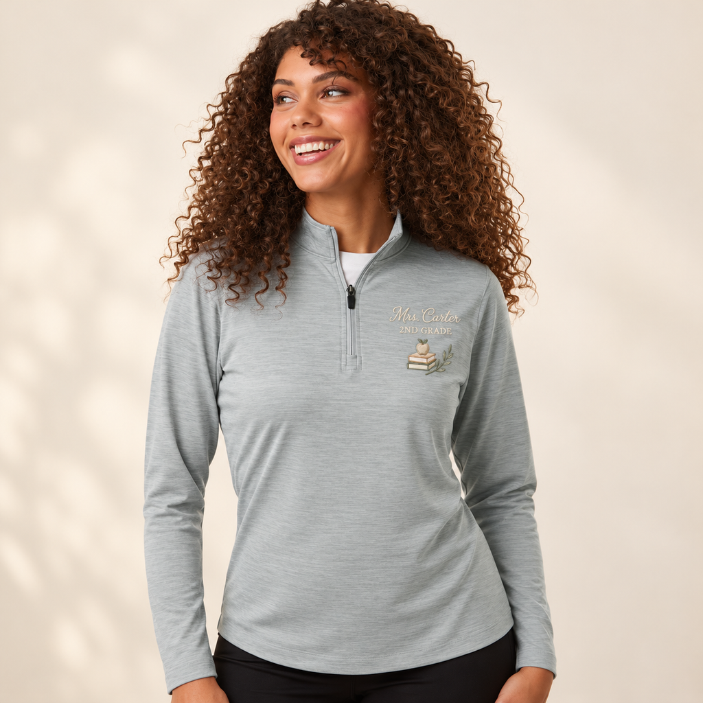 silver Melange AllPro 4HM70L women's teacher quarter zip — model mockup with personalized left-chest embroidery