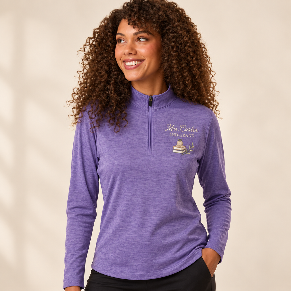 violet Melange AllPro 4HM70L women's teacher quarter zip — model mockup with personalized left-chest embroidery